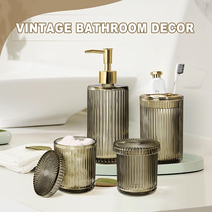 Brown Glass Bathroom Accessories 4 Pcs, Soap Dispenser and Toothbrush Holder Set - Image 7