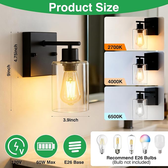 2-Pack Wall Sconces for Bathroom, Matte Black Vanity Lights, Modern Wall Light - Image 4