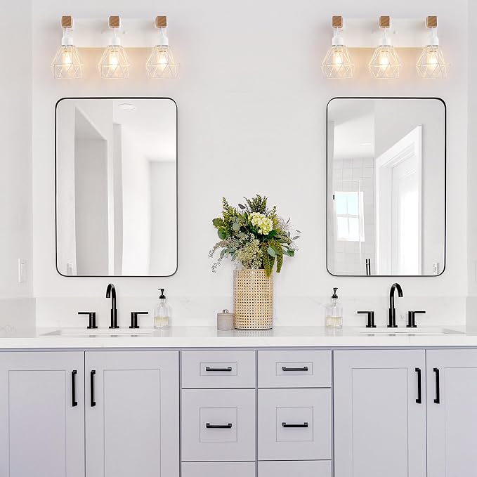 White Bathroom Vanity Light Fixtures, 3-Light Wood Bathroom Light Fixtures Over - Image 4