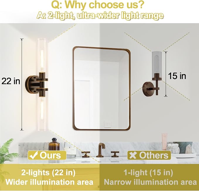 Wall Sconces Set of Two, Hardwired Brown Bathroom Sconces Wall Lighting - Image 3