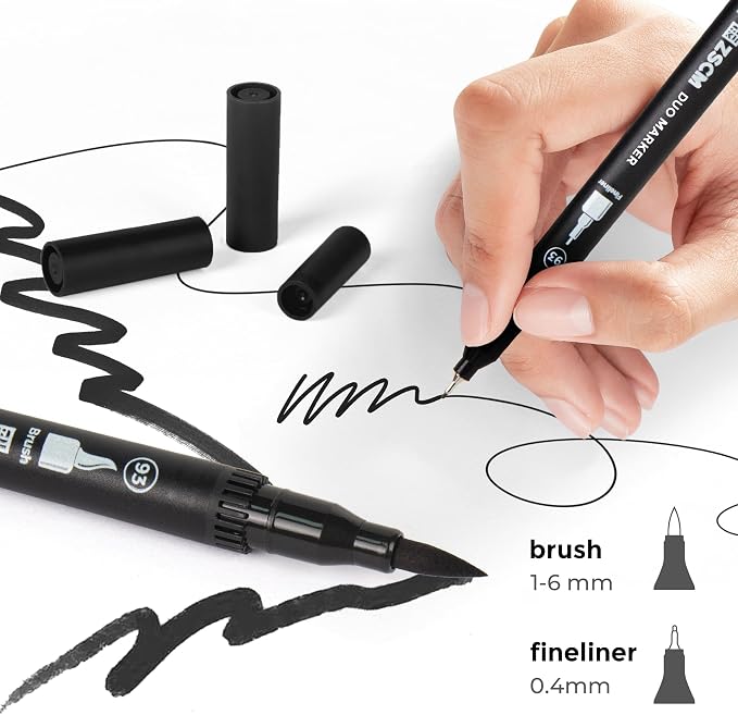 Black Duo Tip Marker Pens, 12 Pack Fine & Brush Markers - Image 2