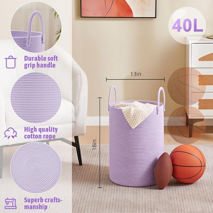 Laundry Basket, Woven Cotton Rope Laundry Hamper, 40L - Image 6