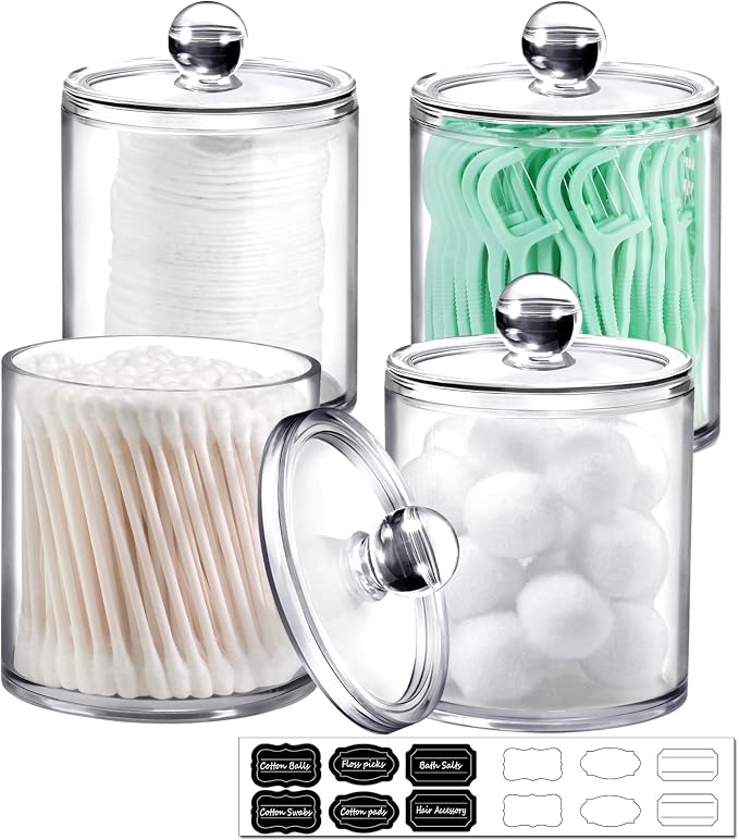 SheeChung 4-Pack Clear Acrylic Apothecary Jars - 10oz & 12oz Qtip Holder Set - by SheeChung