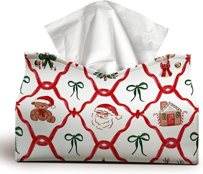 Christmas Tissue Box Cover Rectangle, Santa Bows Winter PU Leather Tissue by UTELKA