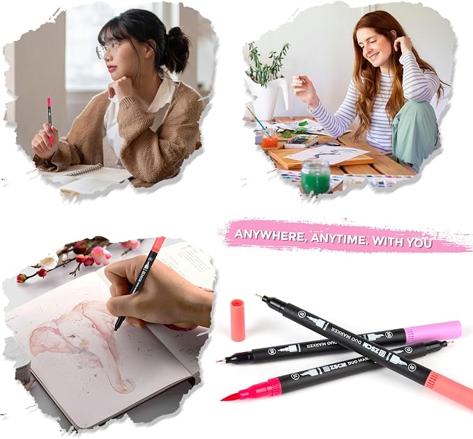 Pink Duo Tip Marker Pens, 12 Pack Fine & Brush Markers - Image 7