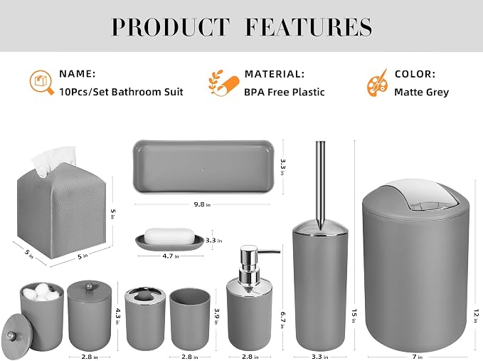 Grey Bathroom Accessories Set, Soap Dispenser and Toothbrush Holder, Soap Dish - Image 2