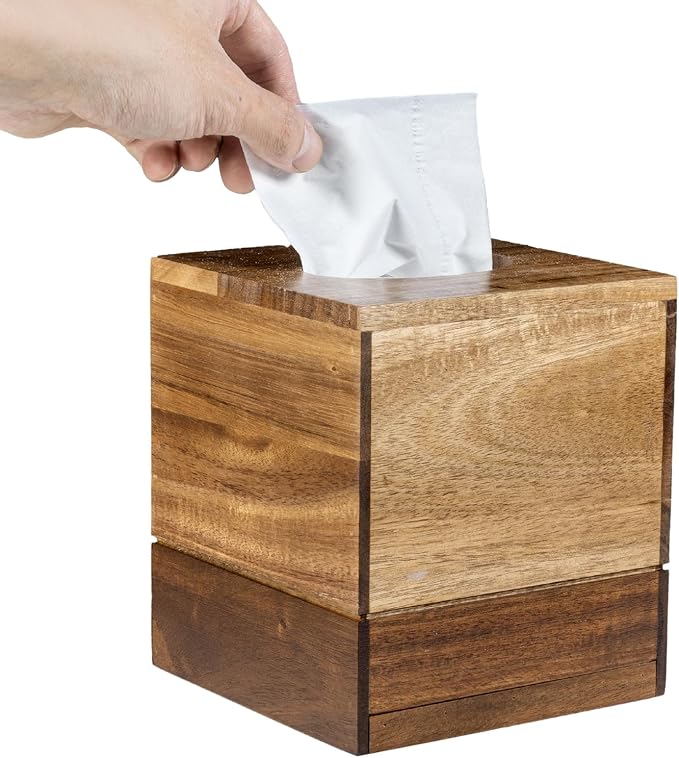 MyGift Premium Dual Tone Solid Acacia Wood Square Bathroom Facial Tissue Box - Image 5