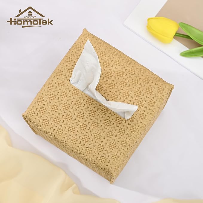 HOMOTEK 2 Pack Tissue Box Cover, Square PU Leather Tissue Holder, Decorative - Image 2