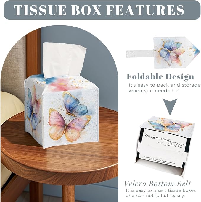 Butterfly Tissue Box Cover Metallic Gold Accents Blue Orange Wing Art Square PU - Image 2