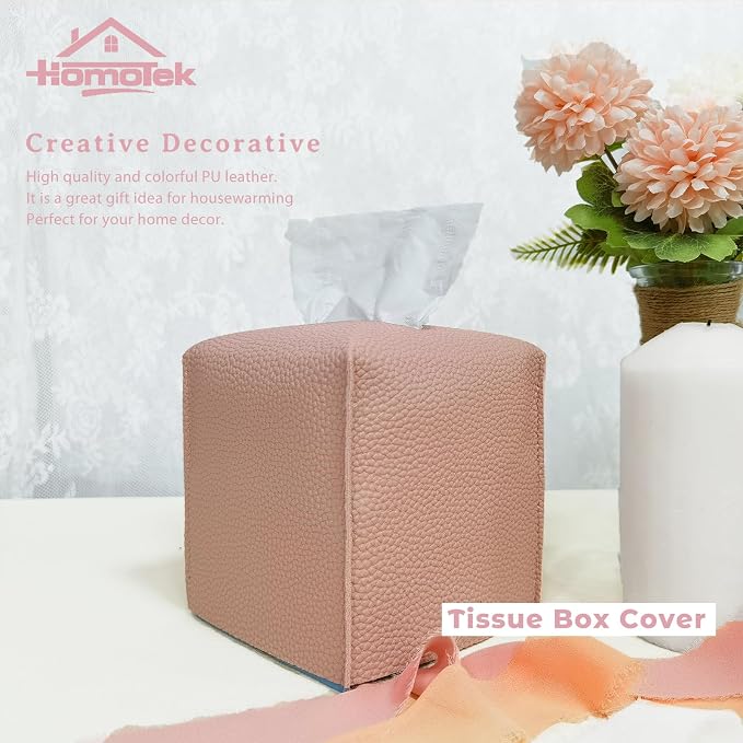 HOMOTEK 2 Pack Tissue Box Cover, Square PU Leather Tissue Holder, Decorative - Image 3