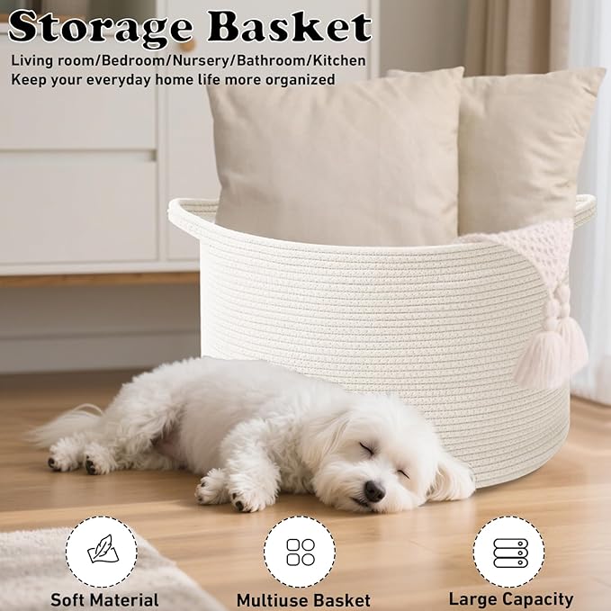 115L Large Blanket Basket, 23.6" L x 23.6" W x 15.7" H Rope Woven Baskets - Image 6