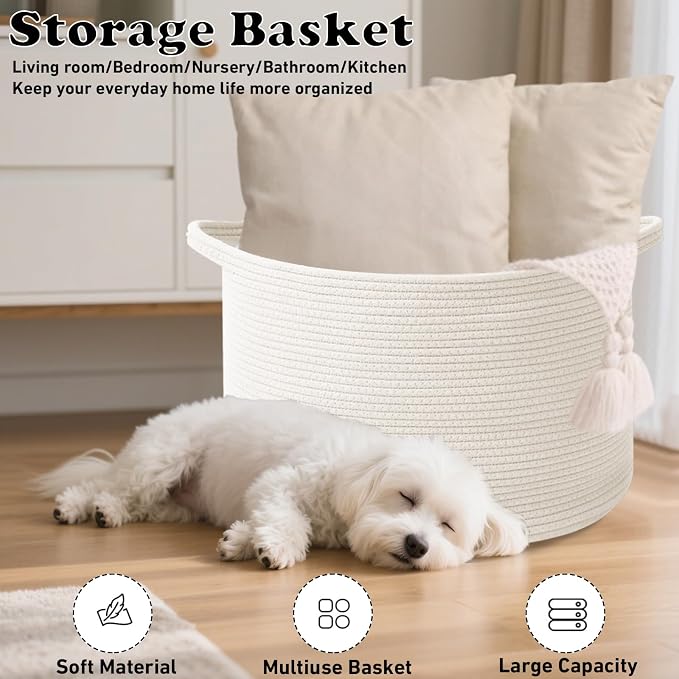 65L Large Blanket Basket, 19.7" L x 19.7" W x 13" H Rope Woven Baskets - Image 6