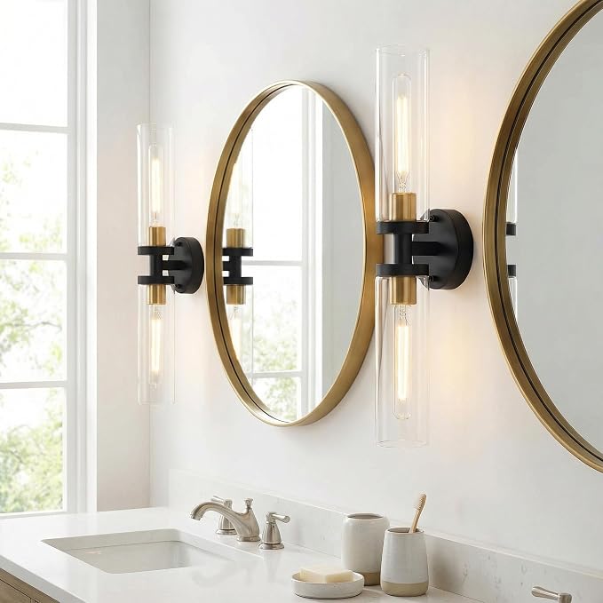 Black and Gold Wall Sconces Set of 2, Hardwired Bathroom Light Fixtures - Image 3