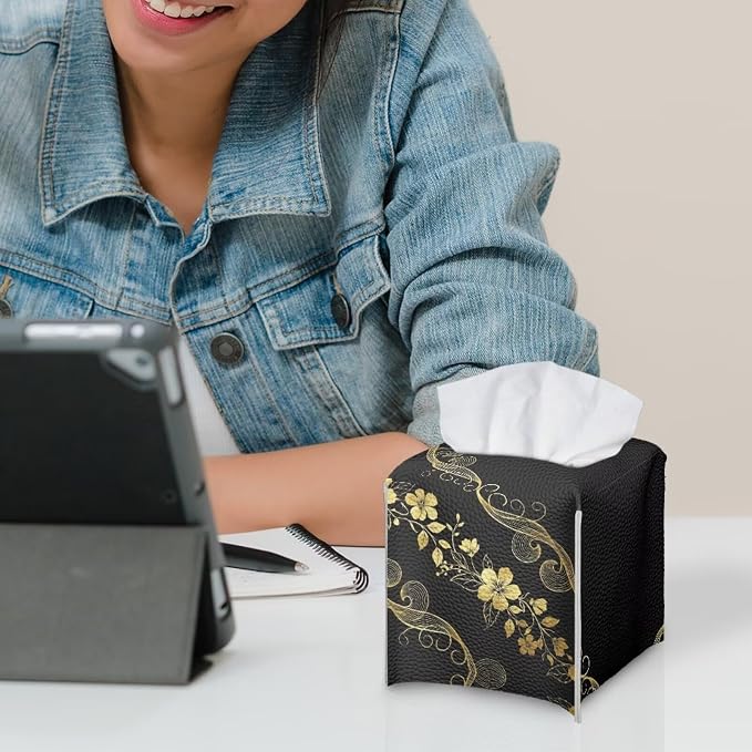 Black Marble Flower Tissue Box Holder Stylish Leather Square Tissue Box Cover - Image 6
