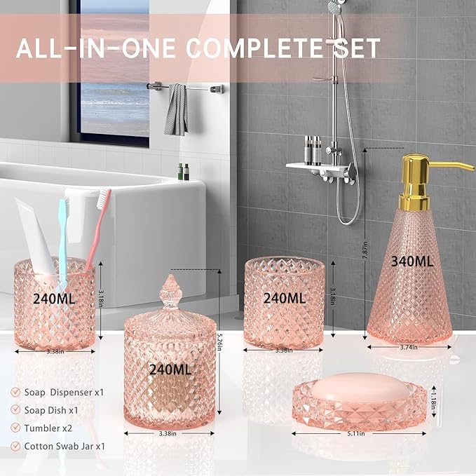 Pink Glass Bathroom Accessories Set 5 Pcs, Soap Dispenser and Toothbrush Holder - Image 6