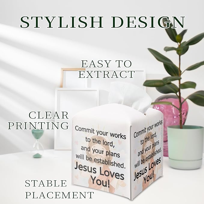 Christian Square Tissue Box Cover, PU Leather Drawstring Bottom - Image 5