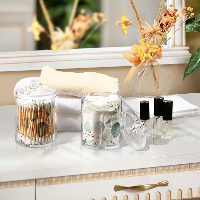 4 Pack Qtip Holder Dispenser Watercolor Green Eucalyptus Leaves Cotton Ball - Image 7