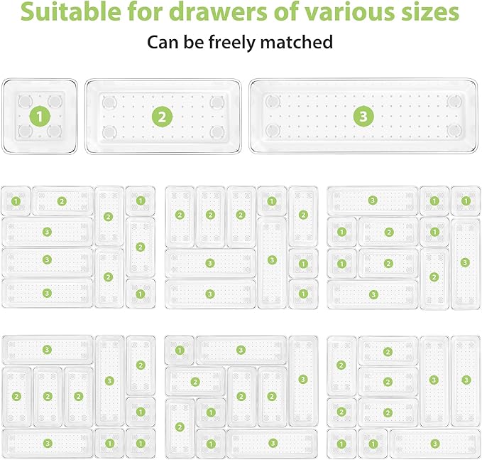 12 Piece Clear Drawer Organizer Set, 3 Sizes Bathroom Vanity Organizer Trays - Image 7