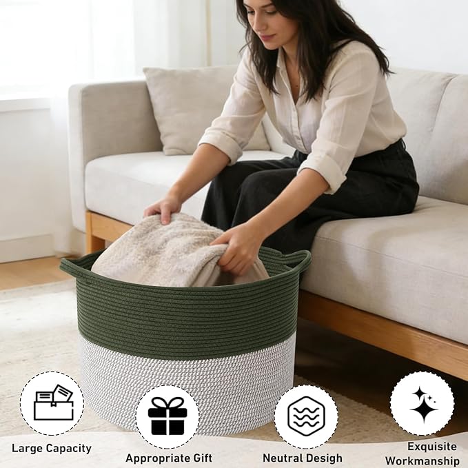 65L Large Blanket Basket, 19.7" L x 19.7" W x 13" H Rope Woven Baskets - Image 4