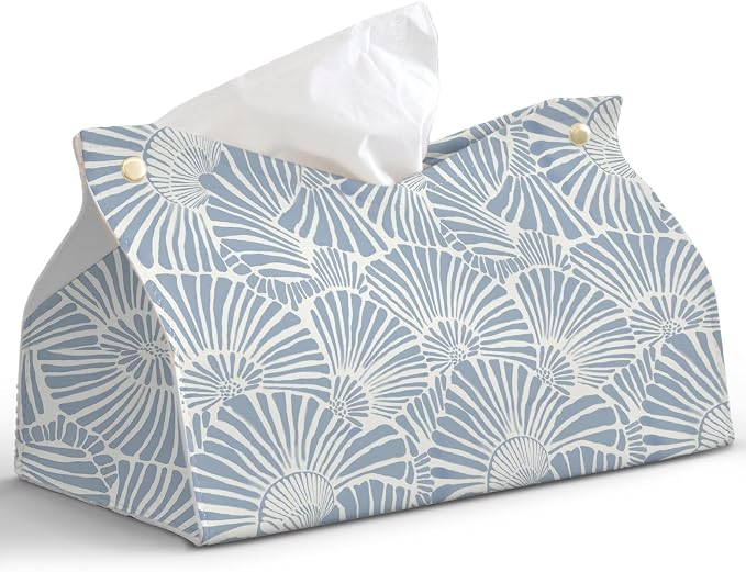 Light Blue Shell Leather Tissue Box Cover Rectangle, Coastal Toilet Paper Box by PaJiaNi