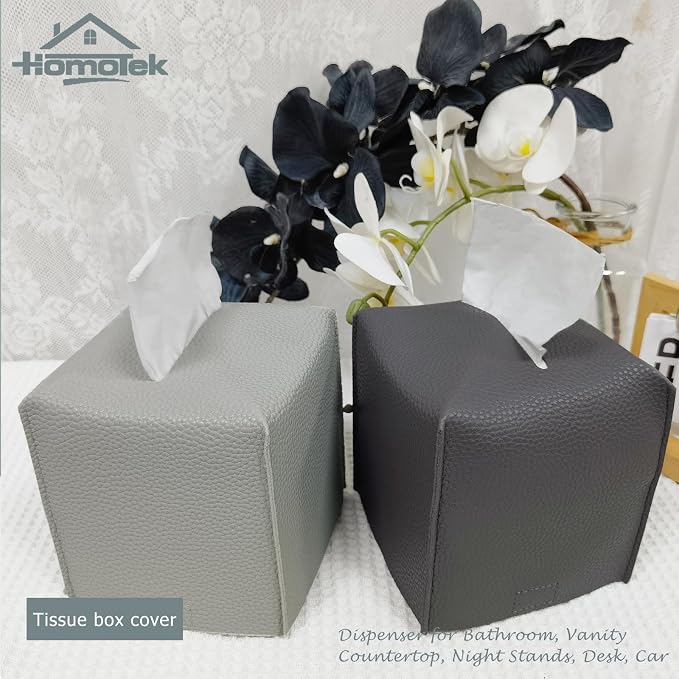HOMOTEK 2 Pack Tissue Box Cover, Square PU Leather Tissue Holder, Decorative - Image 6