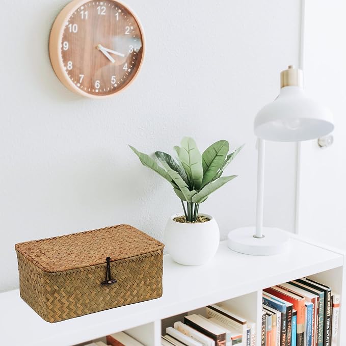 Wicker Basket with Lid, Natural Seagrass Storage Baskets - Image 3