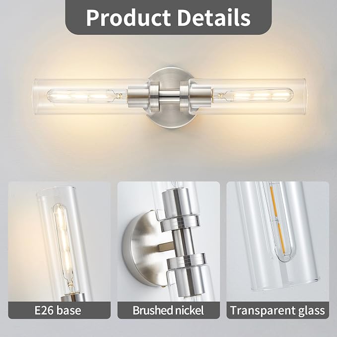 2-Light Brushed Nickel Bathroom Light Fixtures Over Mirror Modern Vanity Light - Image 5