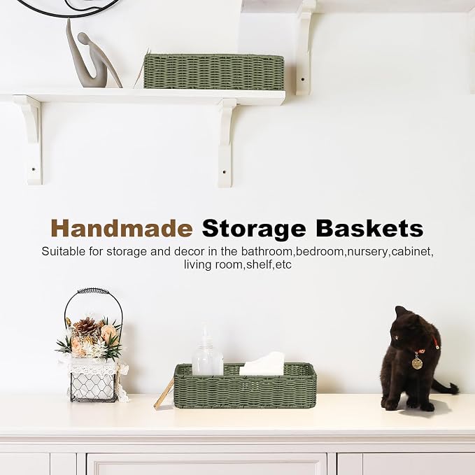 Small Resin Wicker Basket: Waterproof Sage Green Vanity Organizer 2-Pack - Image 5