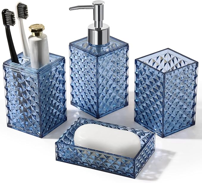 Bathroom Accessories Set, 4 Pack Blue Acrylic Bath Accessory Sets Complete by RYTOXILOBrightenUpYourHome