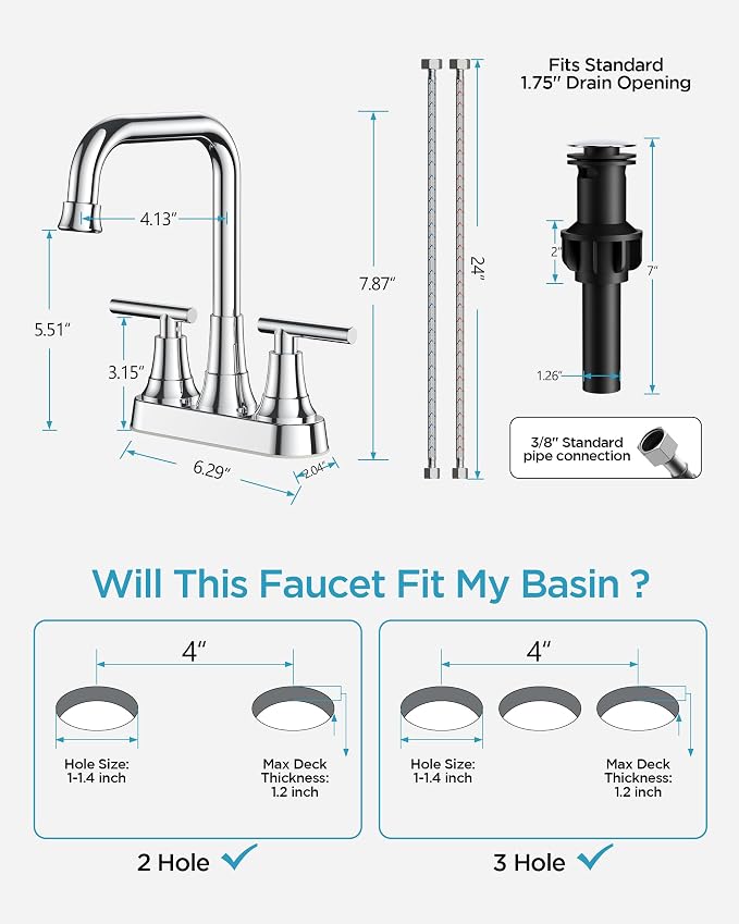 FORIOUS Bathroom Faucets for Sink 3 Hole Chrome, 4 Inch Centerset Bathroom Sink - Image 2