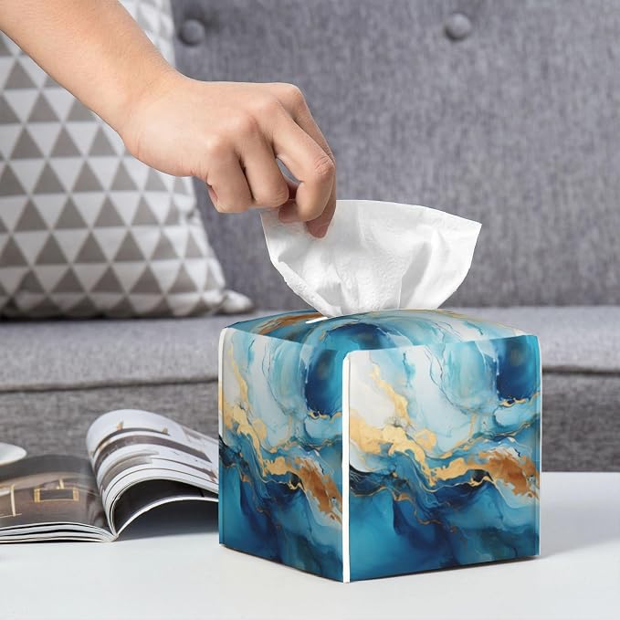 Blue Gold Marble Tissue Box Cover Square, Abstract Liquid Marble Texture Tissue - Image 6
