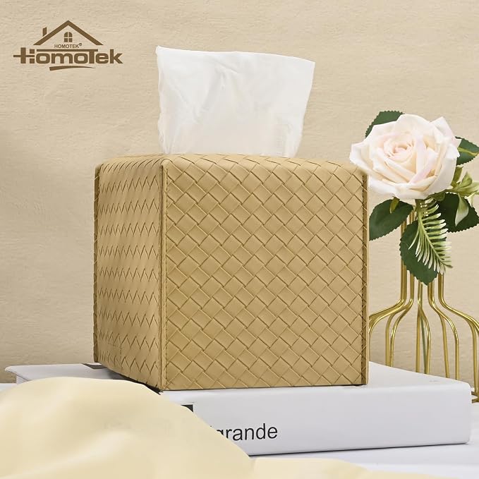 HOMOTEK 2 Pack Tissue Box Cover, Square PU Leather Tissue Holder, Decorative - Image 4