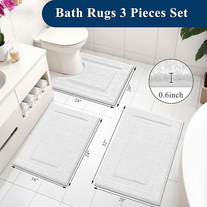 SHACOS White Bathroom Rugs Sets 3 Piece, Soft Fluffy Water Absorbent Bath Rugs - Image 2