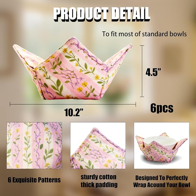 Cotton Microwavable Bowl Cozy ，Set of 6，Microwave-Safe Hot Bowl Holders - Image 3
