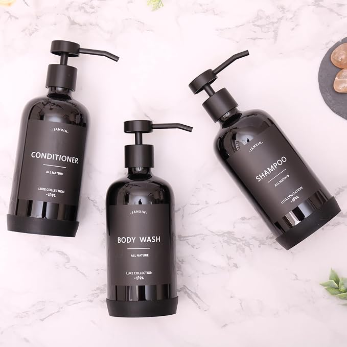 Shampoo and Conditioner Dispenser Set of 3, Refillable 21oz Shampoo Bottles - Image 2