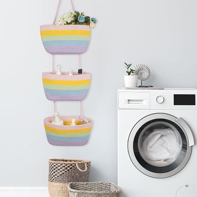 TeoKJ Over the Door Organizer, 3-Tier Woven Cotton Hanging Storage Baskets - Image 8