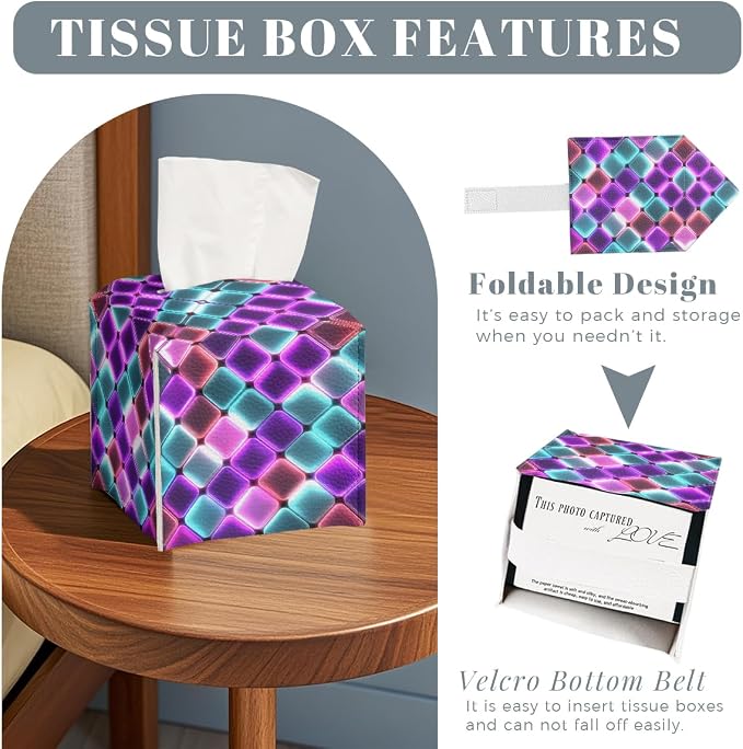 Neon Tissue Box Cover Colorful Rainbow Tiles Purple Blue Pink Leather Tissue - Image 2