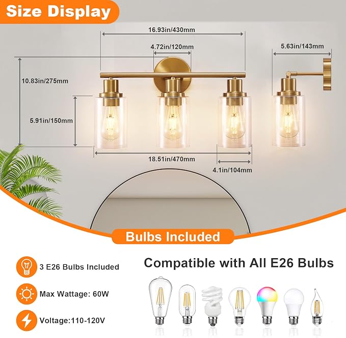 DLLT 3-Light Bathroom Light Fixtures: Gold Modern Vanity Wall Lights - Image 7