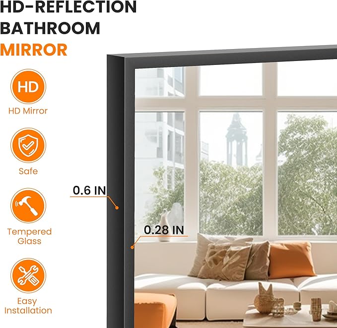 Bathroom Vanity Mirror for Wall, HD Shatterproof Glass, Hangs Horizontally or - Image 5