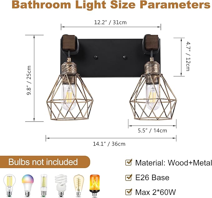 Farmhouse Bathroom Vanity Light Fixtures, 2-Light Wood Bathroom Light Fixtures - Image 3