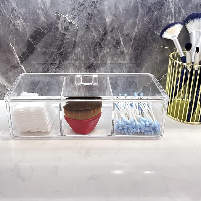 Qtip Holder Dispenser for Cotton Balls, Floss Picks, 3 Compartments Clear - Image 9