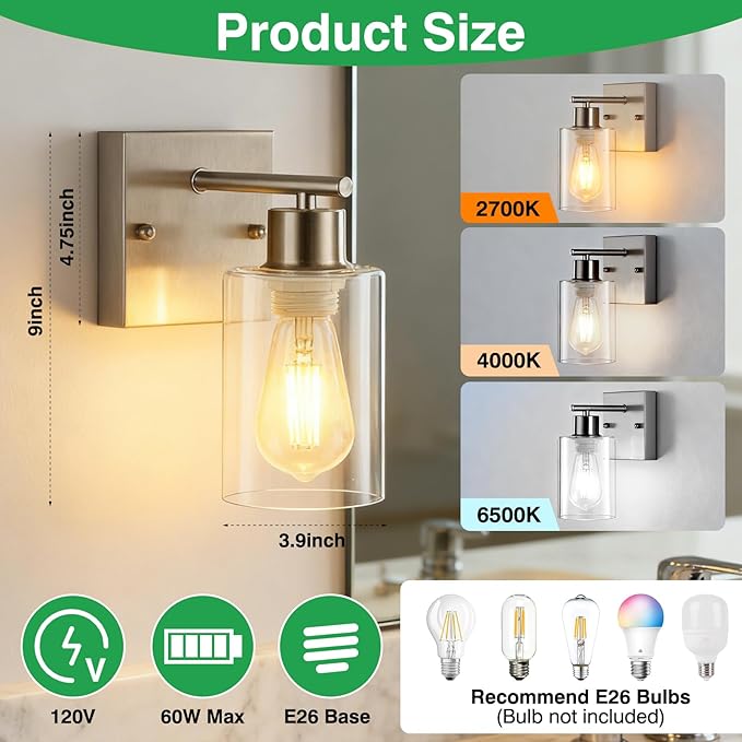 2-Pack Bathroom Wall Sconces, Brushed Nickel Vanity Lights, Modern Wall Light - Image 4