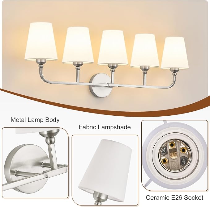 Bathroom Vanity Light, Brushed Nickel Bathroom Light Fixtures, 5-Light Lighting - Image 8