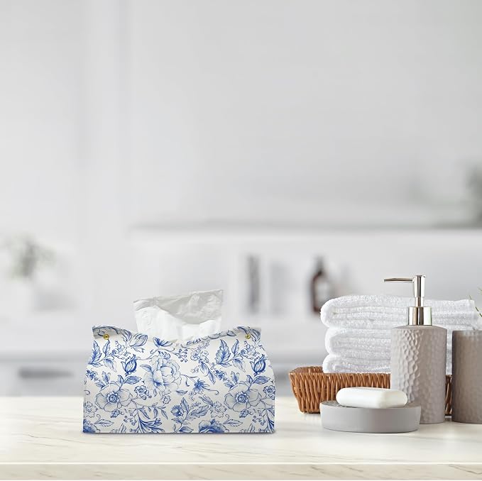 Blue Chinoiserie Tissue Box Cover Rectangle, PU Leather Decorative Facial Paper - Image 8