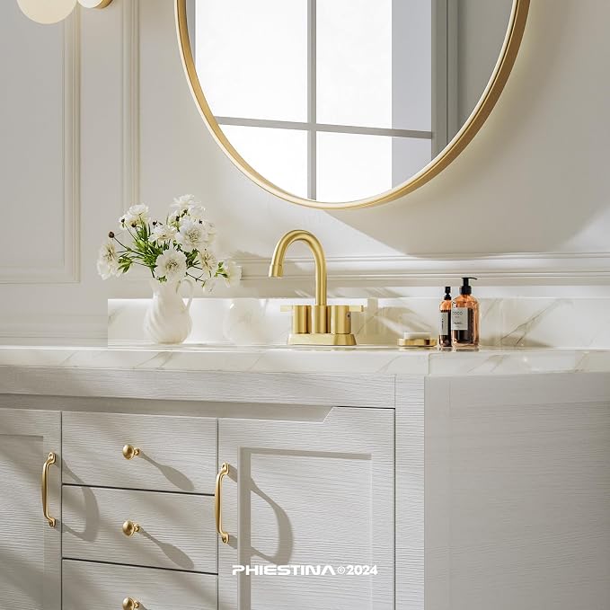 Phiestina Brushed Gold 4 Inch 2 Handle Centerset Lead-Free Bathroom Faucet 2 - Image 2