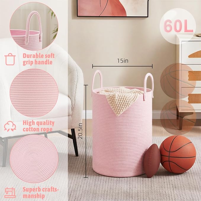 Laundry Basket, Woven Cotton Rope Laundry Hamper, 60L - Image 6