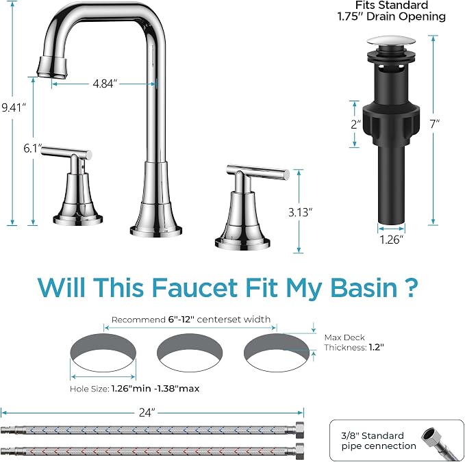 FORIOUS Widespread Bathroom Faucets Polished Chrome, 3 Hole Faucet - Image 2
