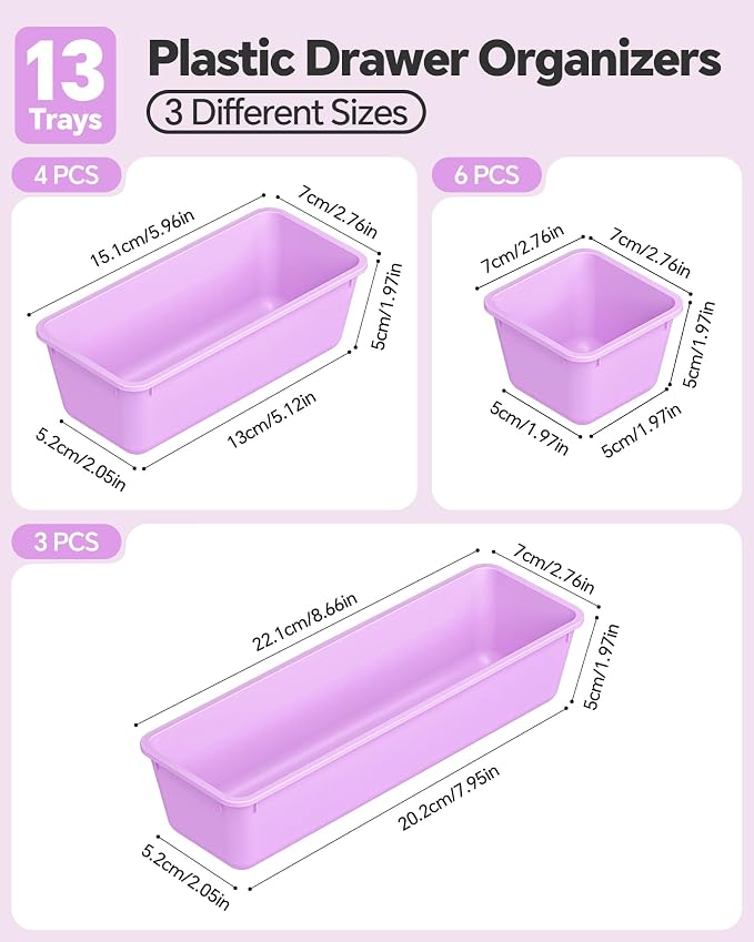 13 Pack Plastic Drawer Organizers Set, 3 Sizes Desk Drawer Organizer Trays - Image 2