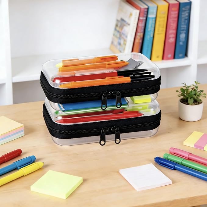 2PC Black Small Clear Hard Shell Zipper Case, Double Zippers Plastic Storage Box - Image 9