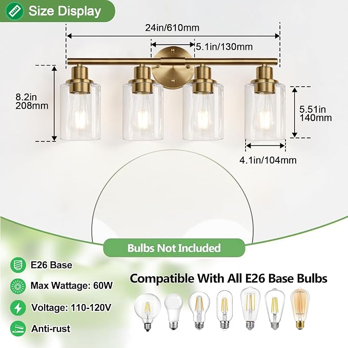 4-Light Bathroom Light Fixtures, Brushed Brass Modern Vanity Lights - Image 7